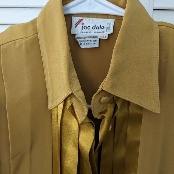 Jac Dale Vtg Blouse Womens sz 4 Mustard Yellow Silky Cuff Pleated Retro Glam 90s - Picture 7 of 12